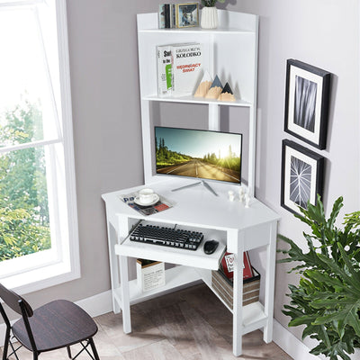 Corner Computer Desk with Hutch and Storage Shelves-White 