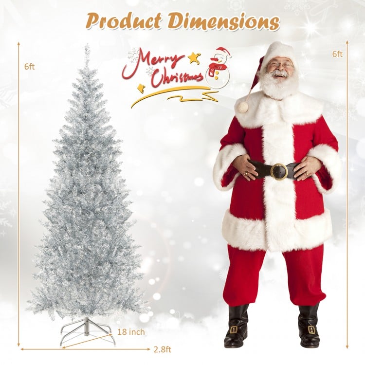6/7 FT Pre-Lit Artificial Silver Tinsel Xmas Tree with 790 Branch Tips and 300 LED Lights-6 ft