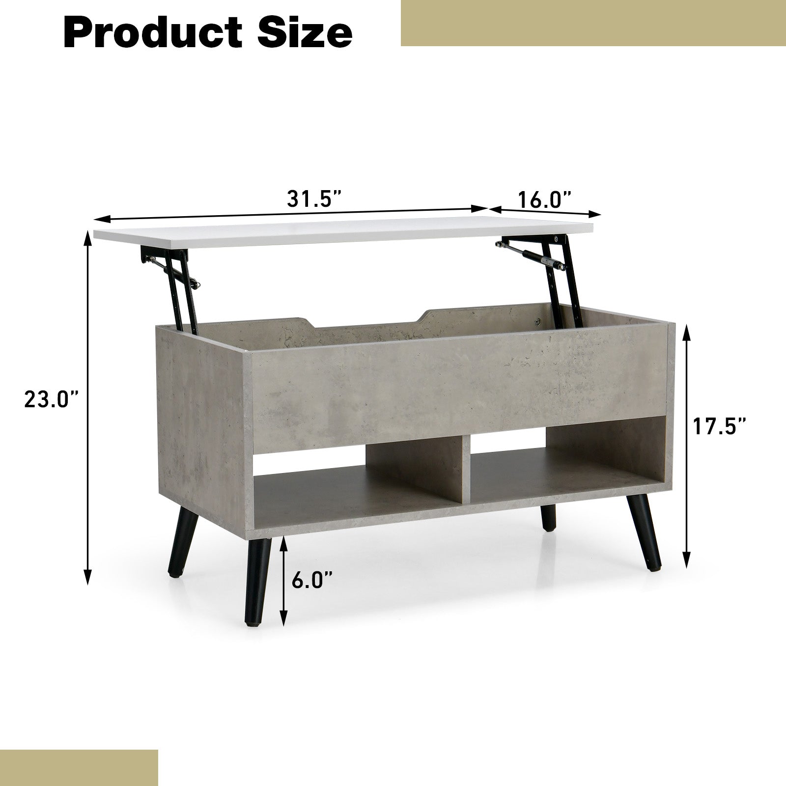 31.5 Inch Lift Top Coffee Table with Hidden Compartment and 2 Storage Shelves-Gray