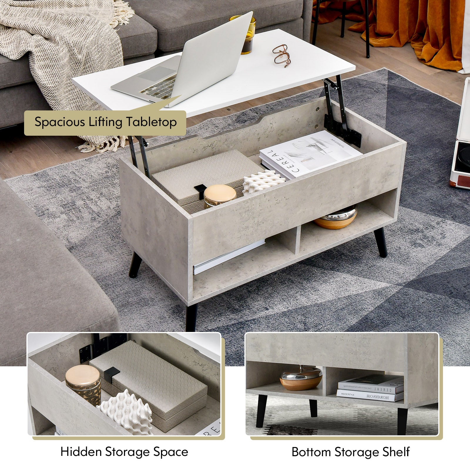 31.5 Inch Lift Top Coffee Table with Hidden Compartment and 2 Storage Shelves-Gray