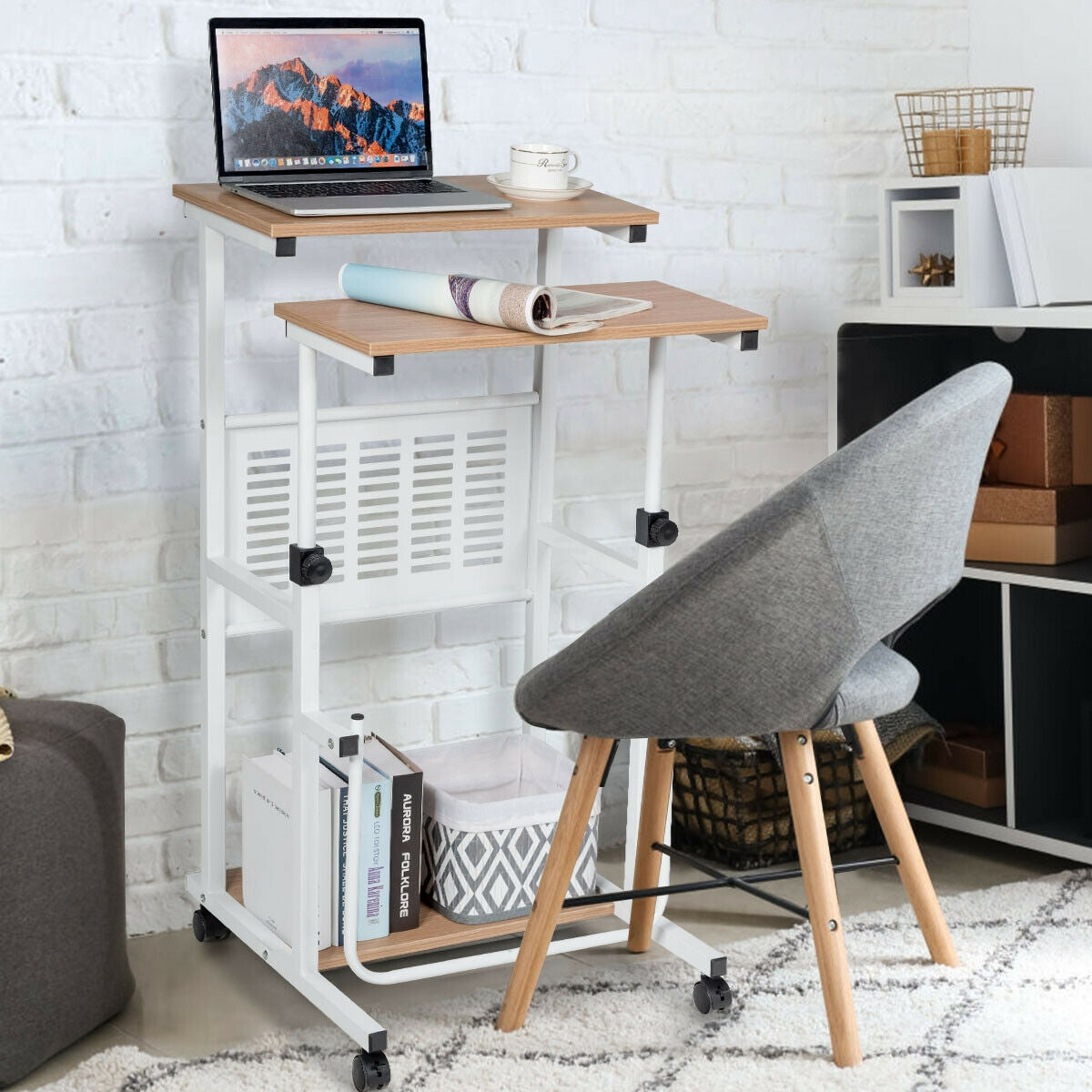 Height Adjustable Mobile Computer Stand-Up Desk with 2 ModesÂ 