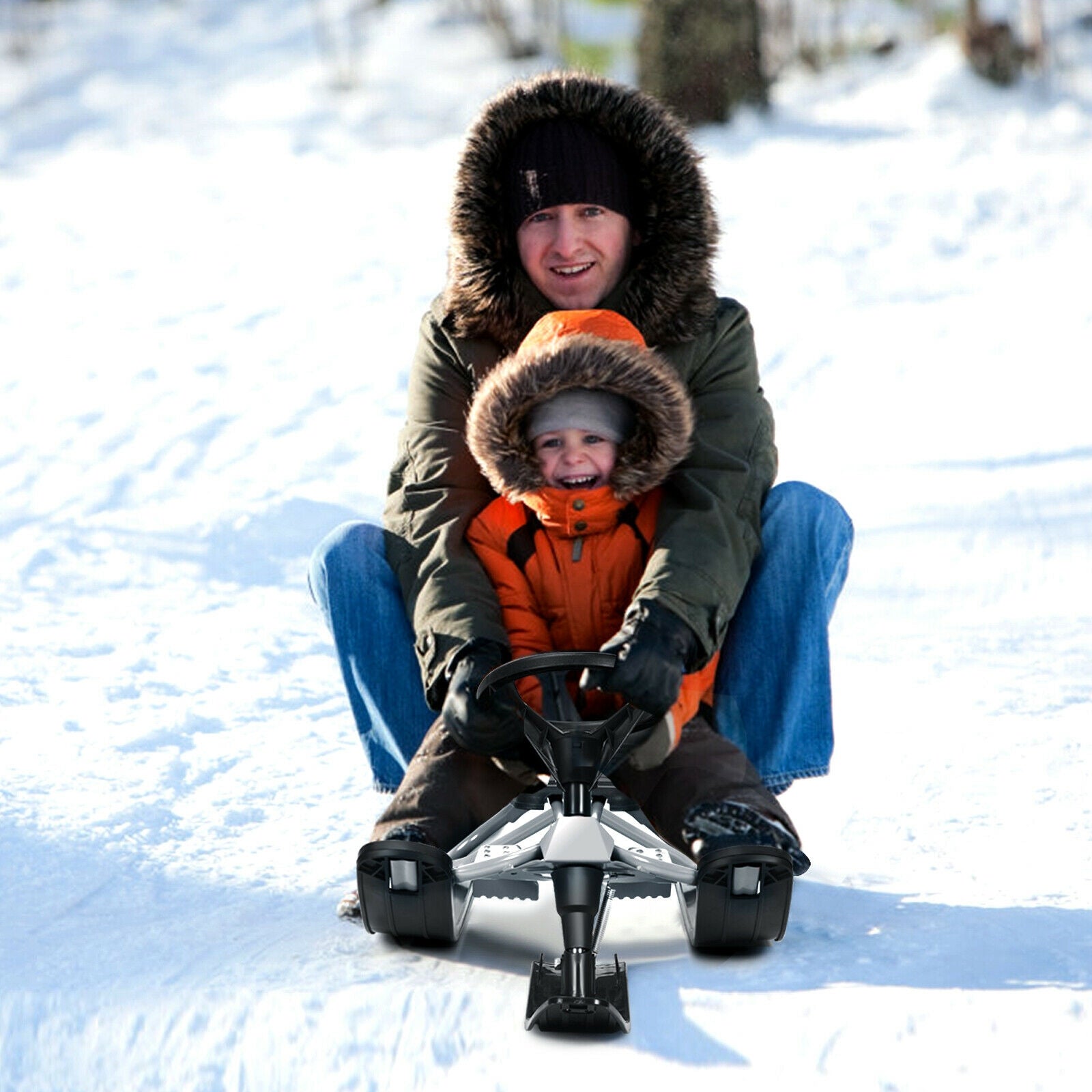 Kids Snow Sled with Steering Wheel and Double Brakes Pull Rope-Black