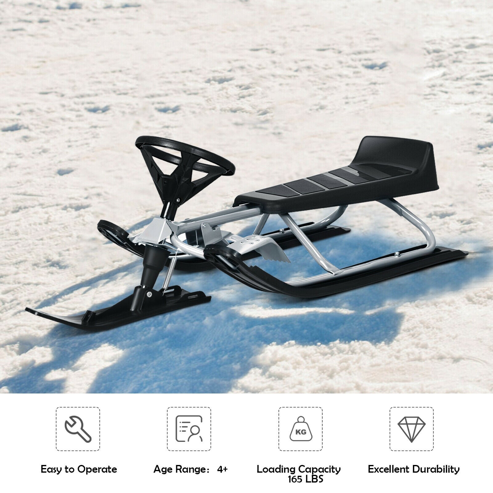 Kids Snow Sled with Steering Wheel and Double Brakes Pull Rope-Black