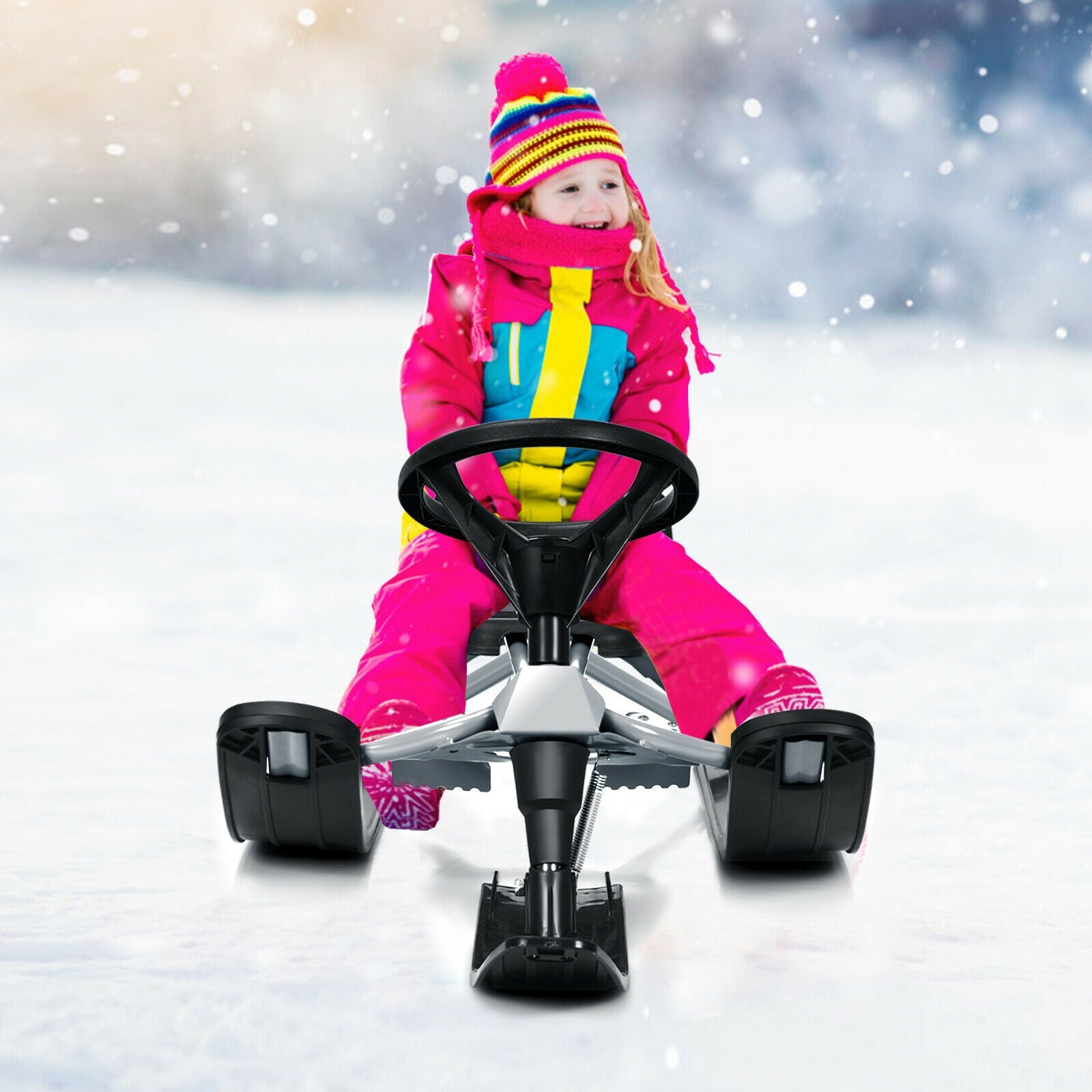 Kids Snow Sled with Steering Wheel and Double Brakes Pull Rope-Black