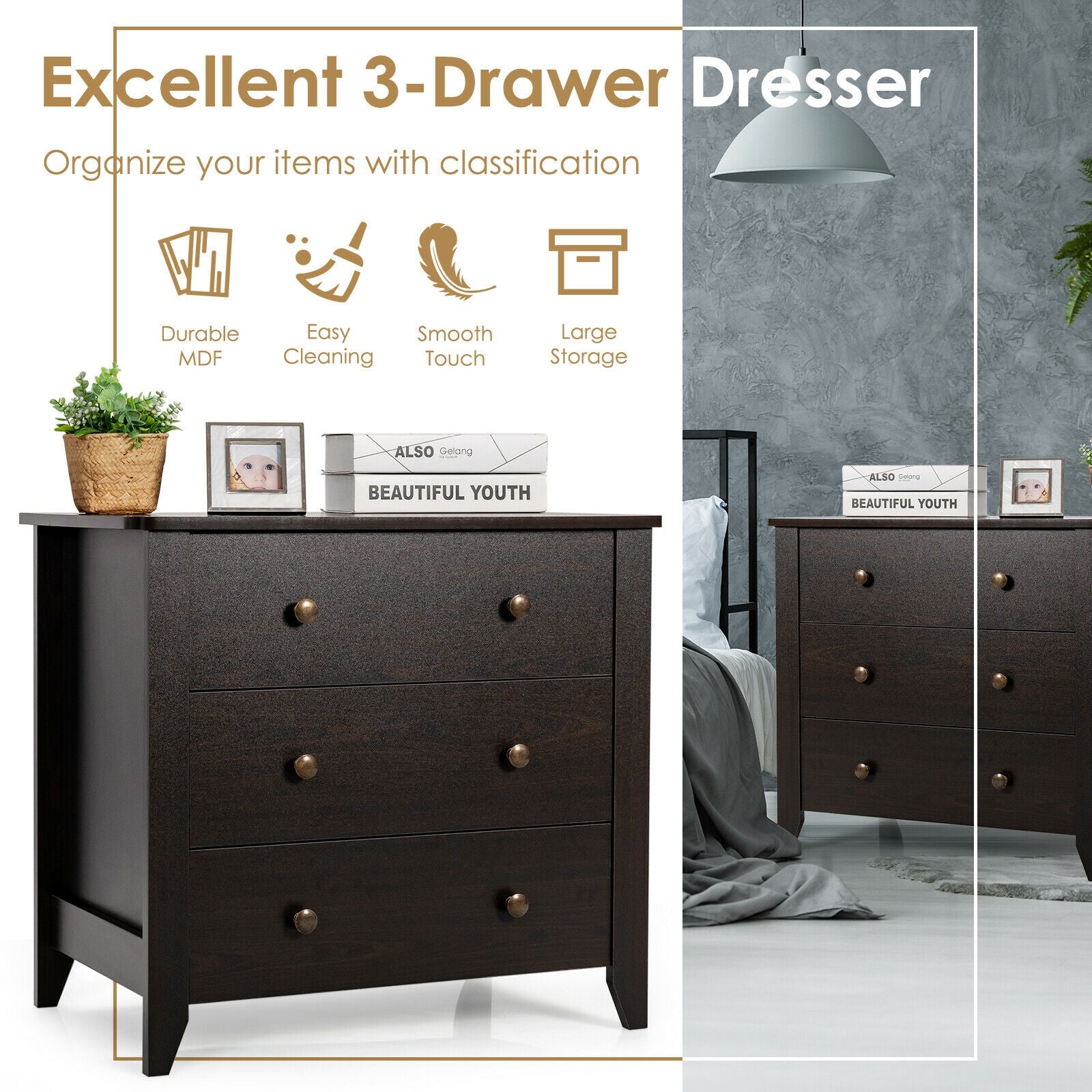 3 Drawer Dresser Chest of Drawers Bedside Table-Espresso