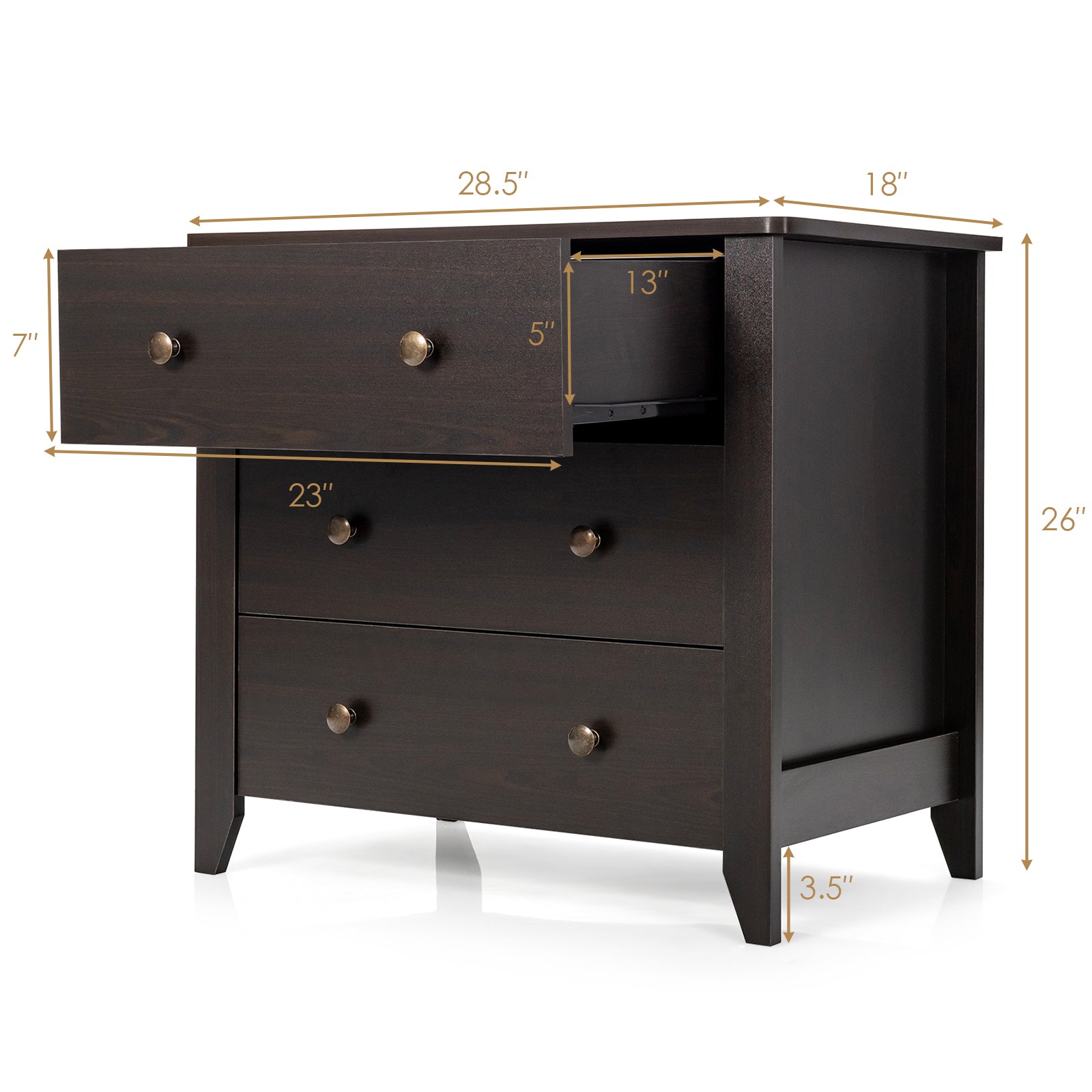 3 Drawer Dresser Chest of Drawers Bedside Table-Espresso