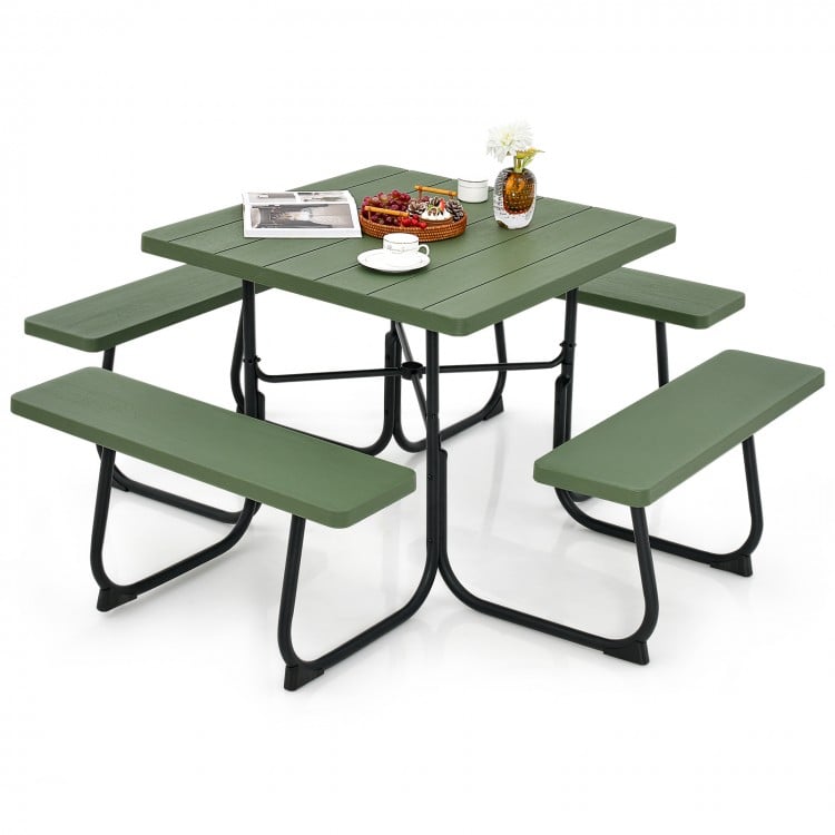 Outdoor Picnic Table with 4 Benches and Umbrella Hole-Green
