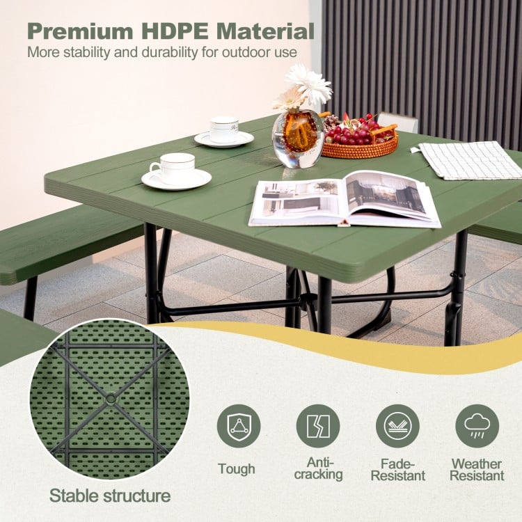 Outdoor Picnic Table with 4 Benches and Umbrella Hole-Green