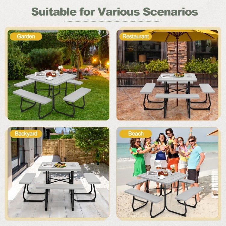 Outdoor Picnic Table with 4 Benches and Umbrella Hole-Gray
