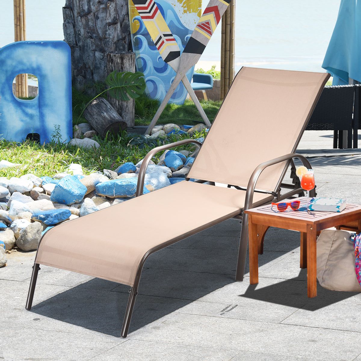 Adjustable Patio Chaise Outdoor Folding Lounge Chair with Adjustable Backrest-Brown