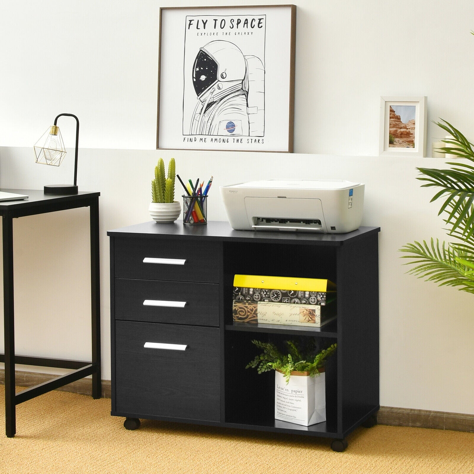 3-Drawer Mobile Lateral File Cabinet Printer Stand-Black 