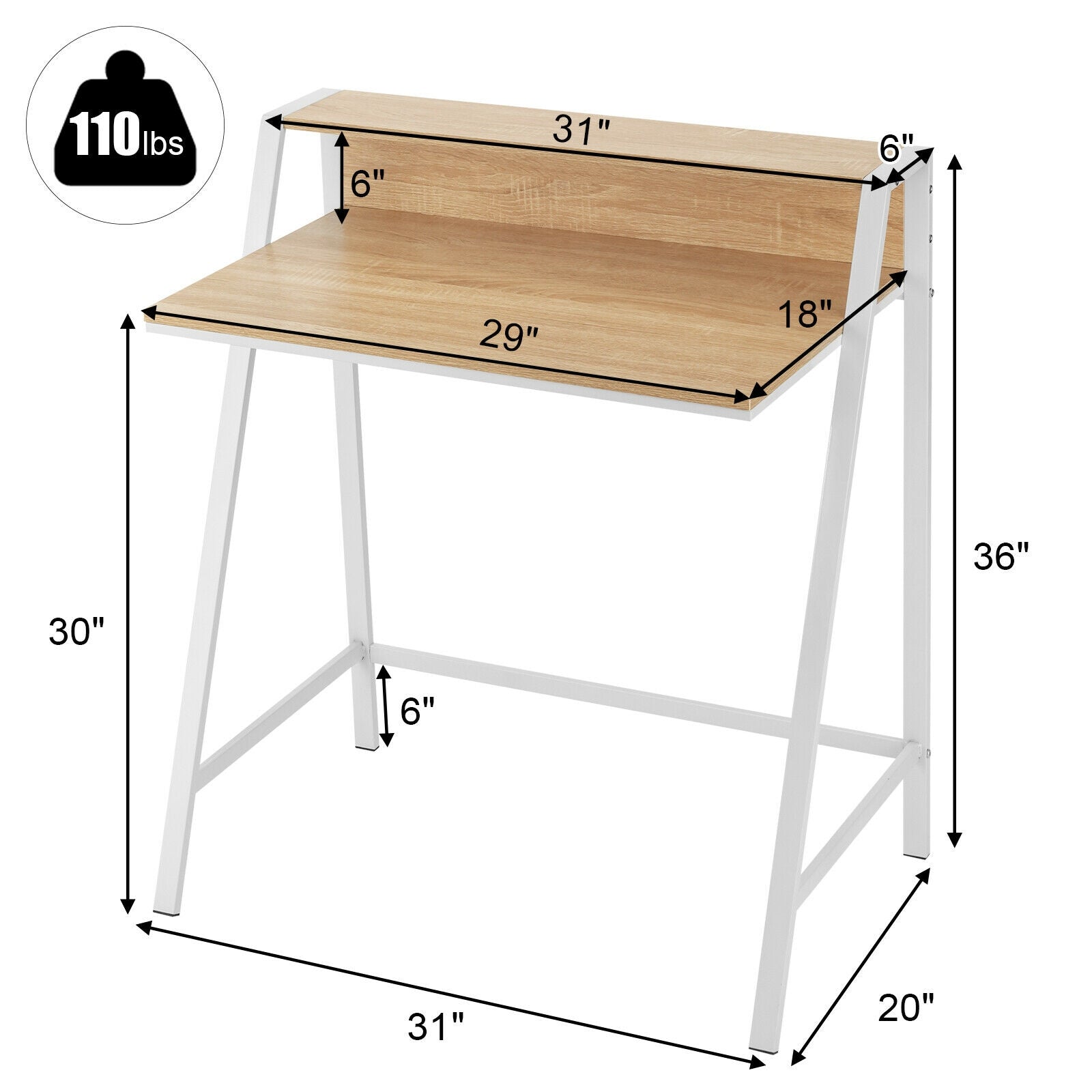 2 Tier Computer Desk PC Laptop Table Study Writing Home Office Workstation New-Natural