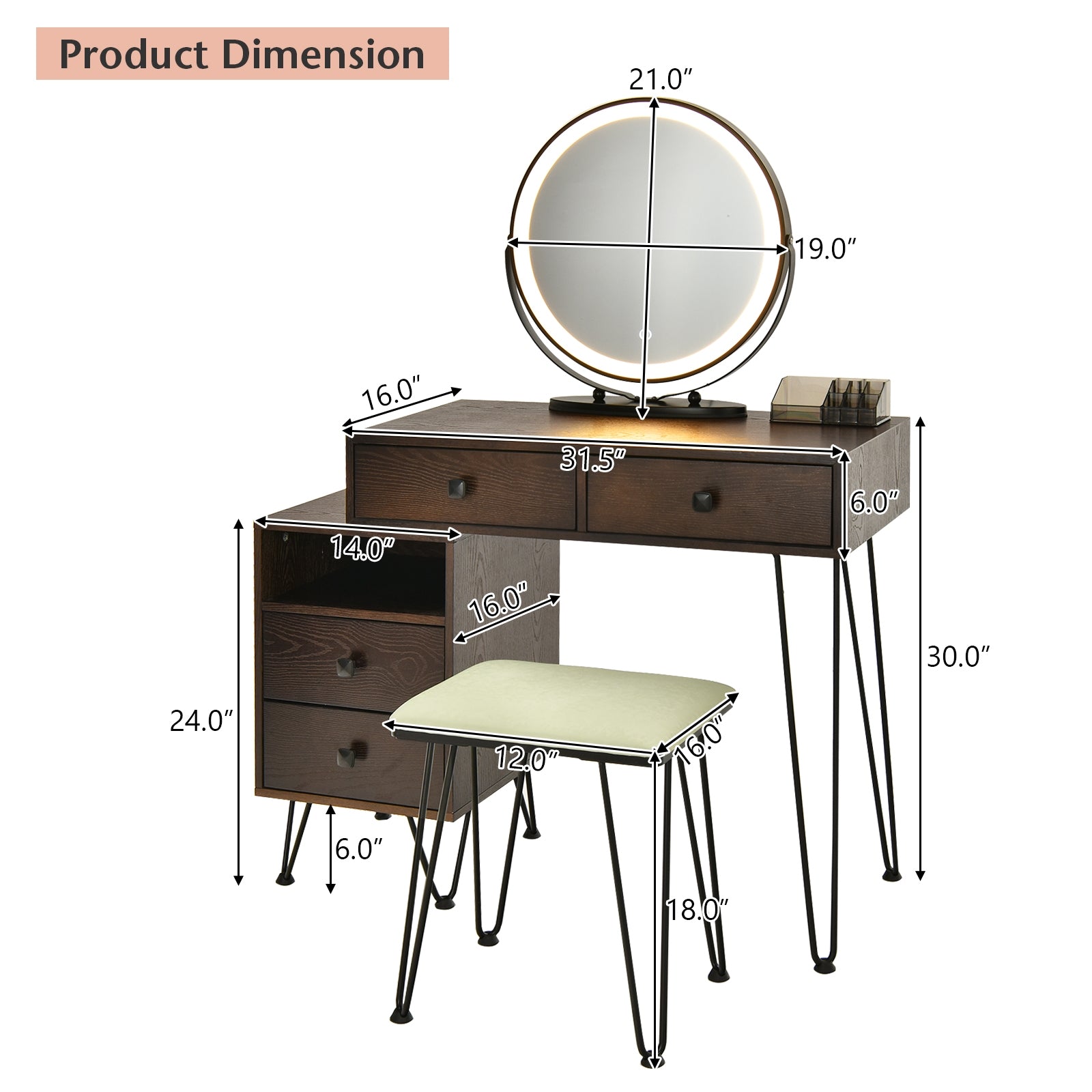 Modern Dressing Table with Storage Cabinet-Brown