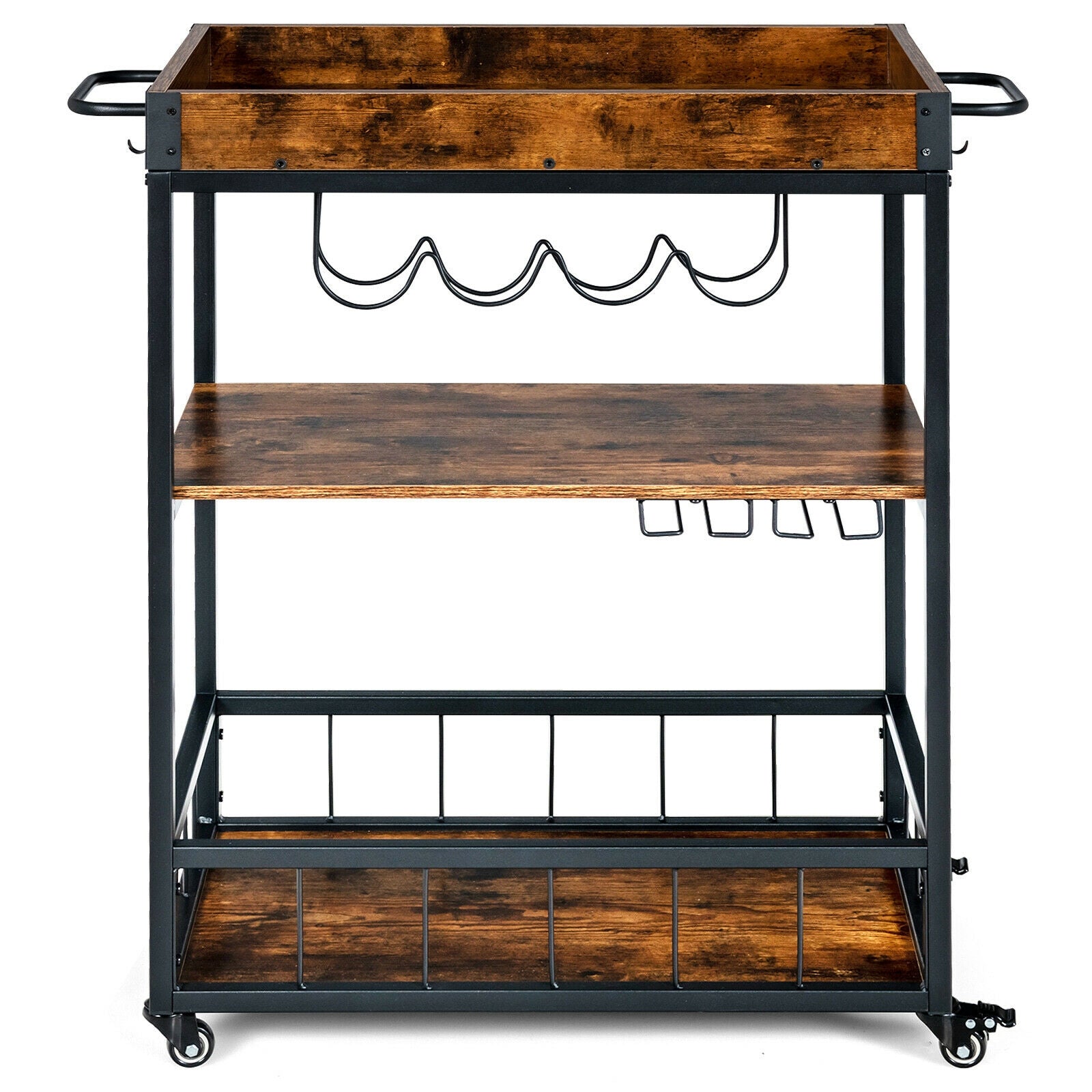 3-Tier Rolling Kitchen Bar Cart with Wine Rack-Rustic Brown