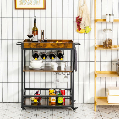 3-Tier Rolling Kitchen Bar Cart with Wine Rack-Rustic Brown 