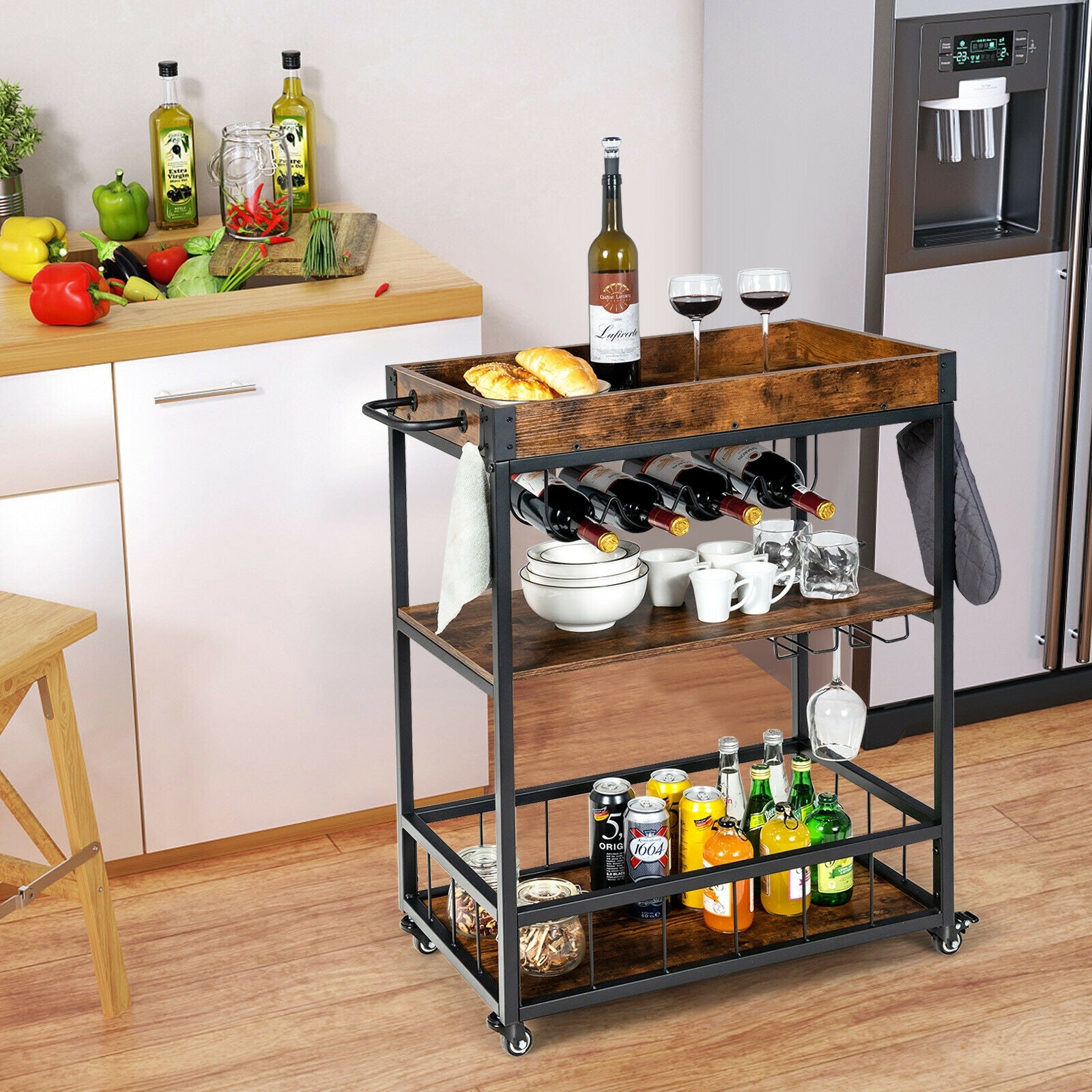 3-Tier Rolling Kitchen Bar Cart with Wine Rack-Rustic Brown