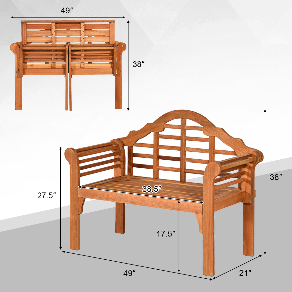 49 Inch Eucalyptus Wood Outdoor Folding Bench with Backrest Armrest for Patio Garden 