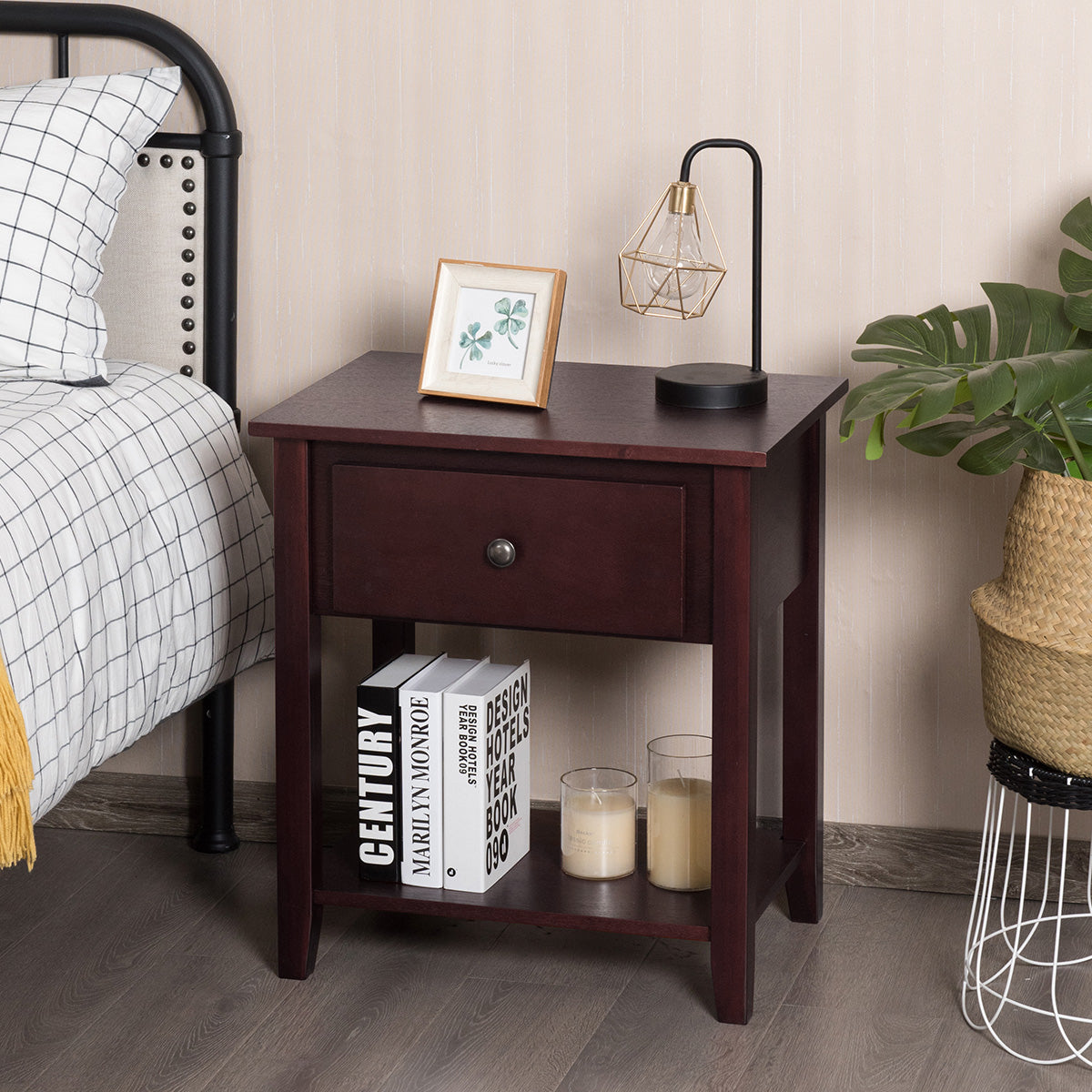 Nightstand with Drawer and Storage Shelf for Bedroom Living Room-BrownÂ 