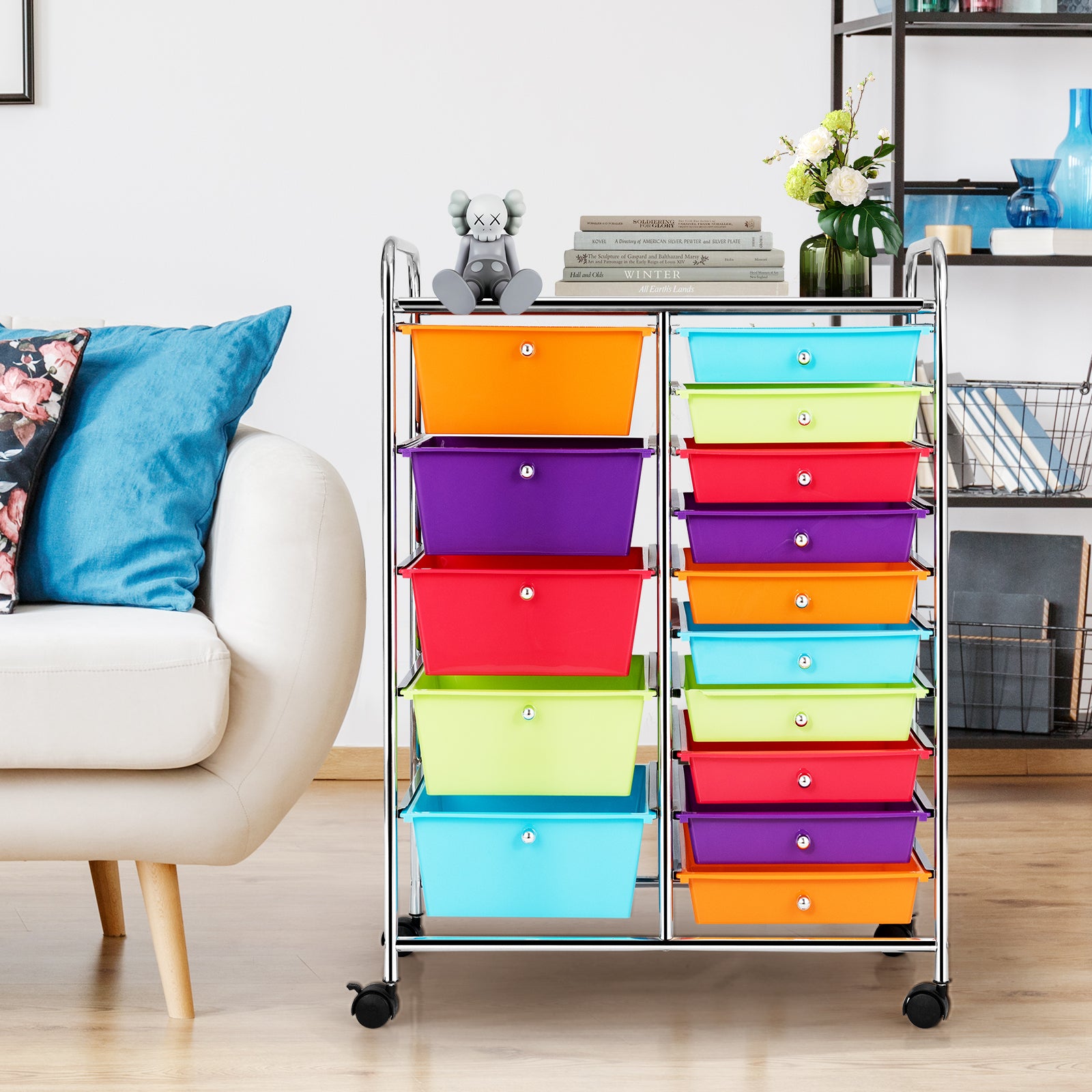 15-Drawer Utility Rolling Organizer Cart Multi-Use Storage-Multicolor