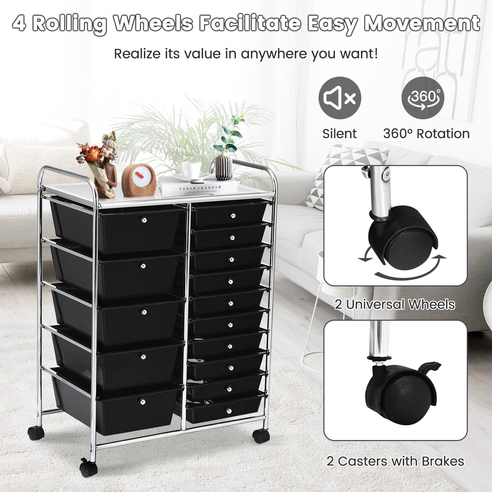 15-Drawer Utility Rolling Organizer Cart Multi-Use Storage-Black