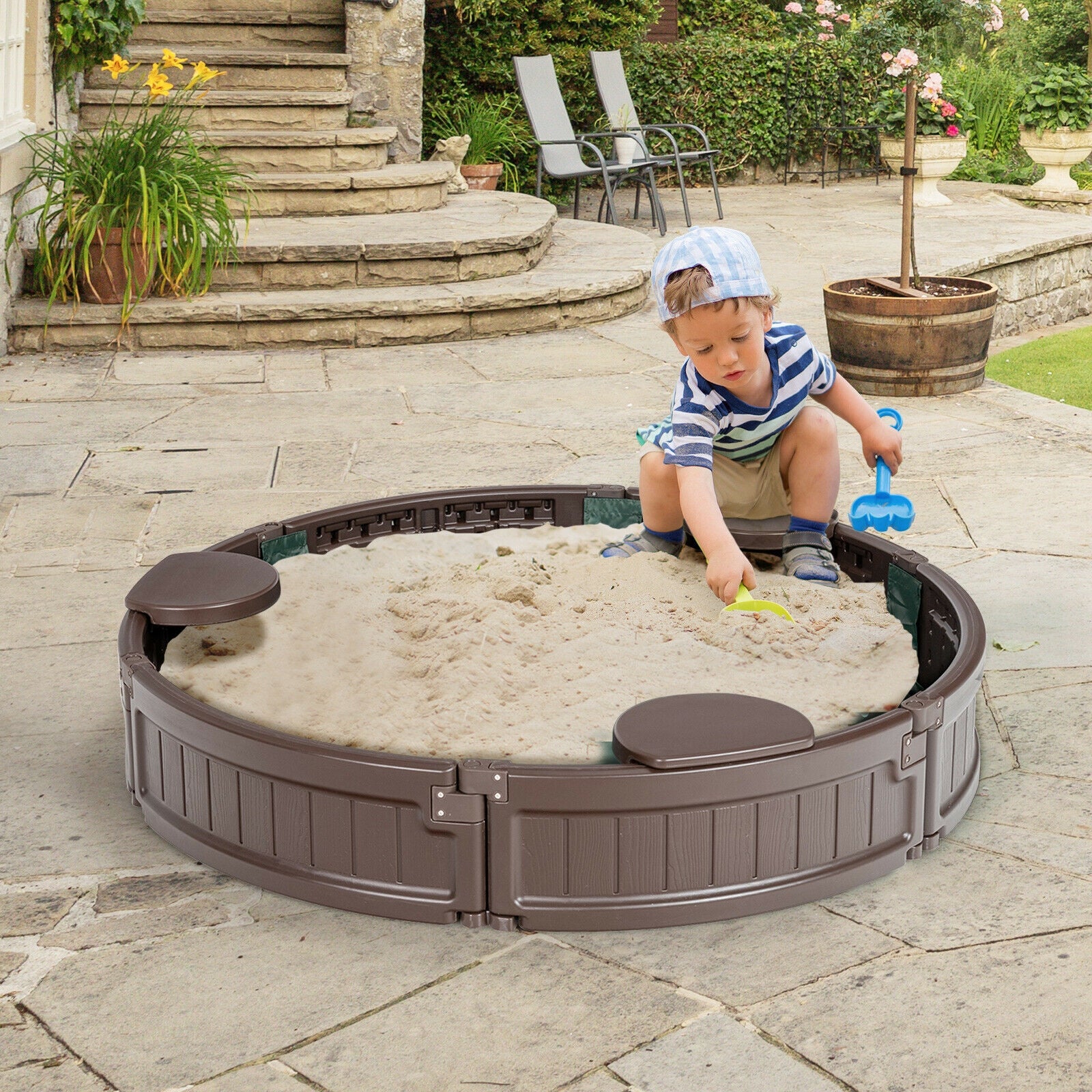 Sandbox with Built-in Corner Seat and Cover-Brown 