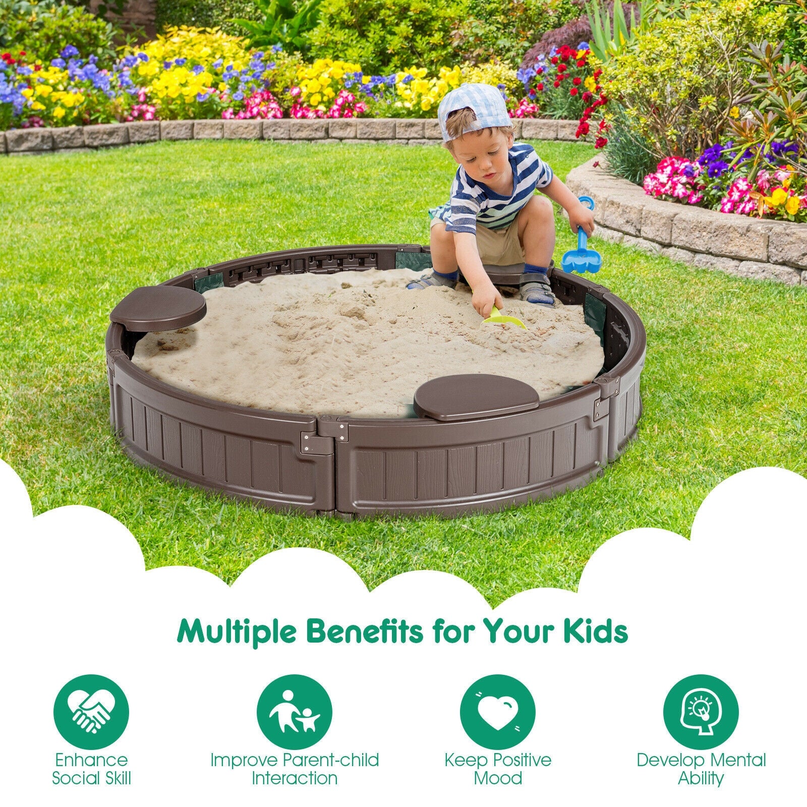 Sandbox with Built-in Corner Seat and Cover-Brown 