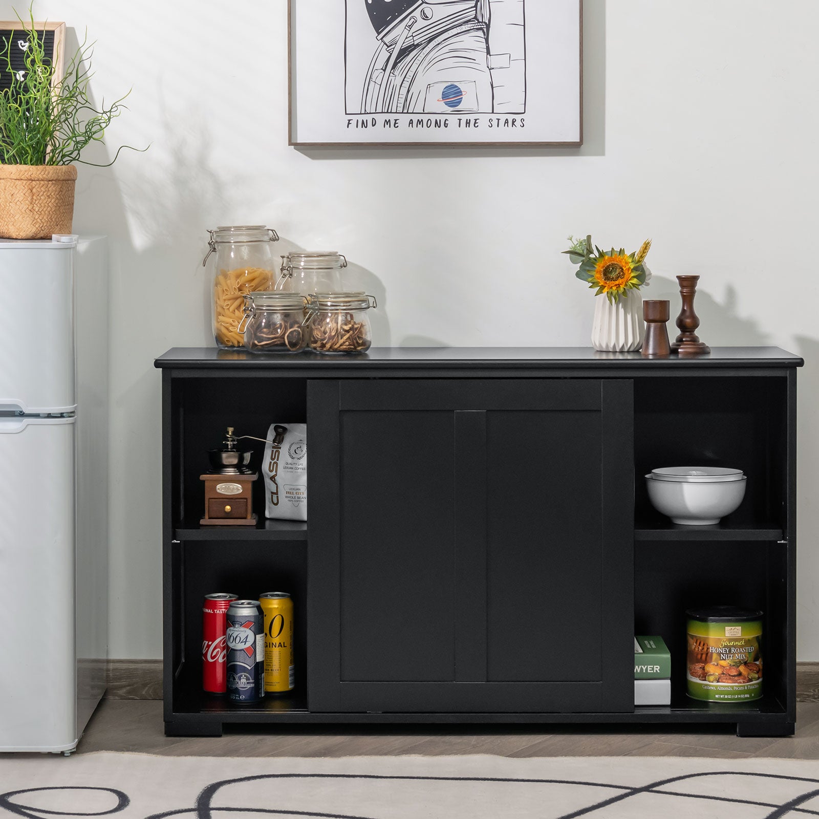 Kitchen Storage Cupboard Cabinet with Sliding Door-Black