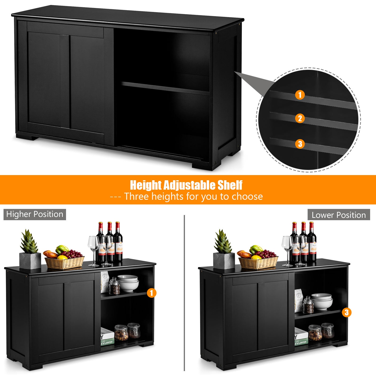 Kitchen Storage Cupboard Cabinet with Sliding Door-Black