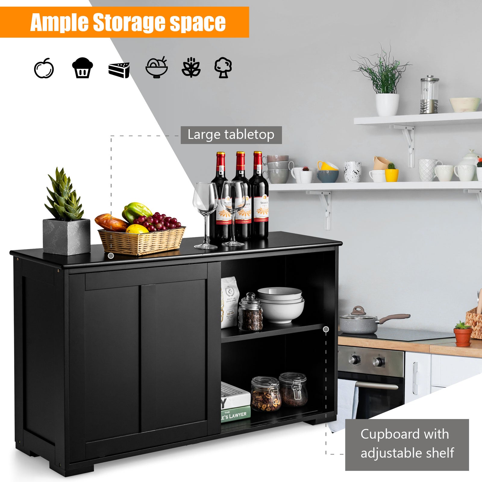 Kitchen Storage Cupboard Cabinet with Sliding Door-Black