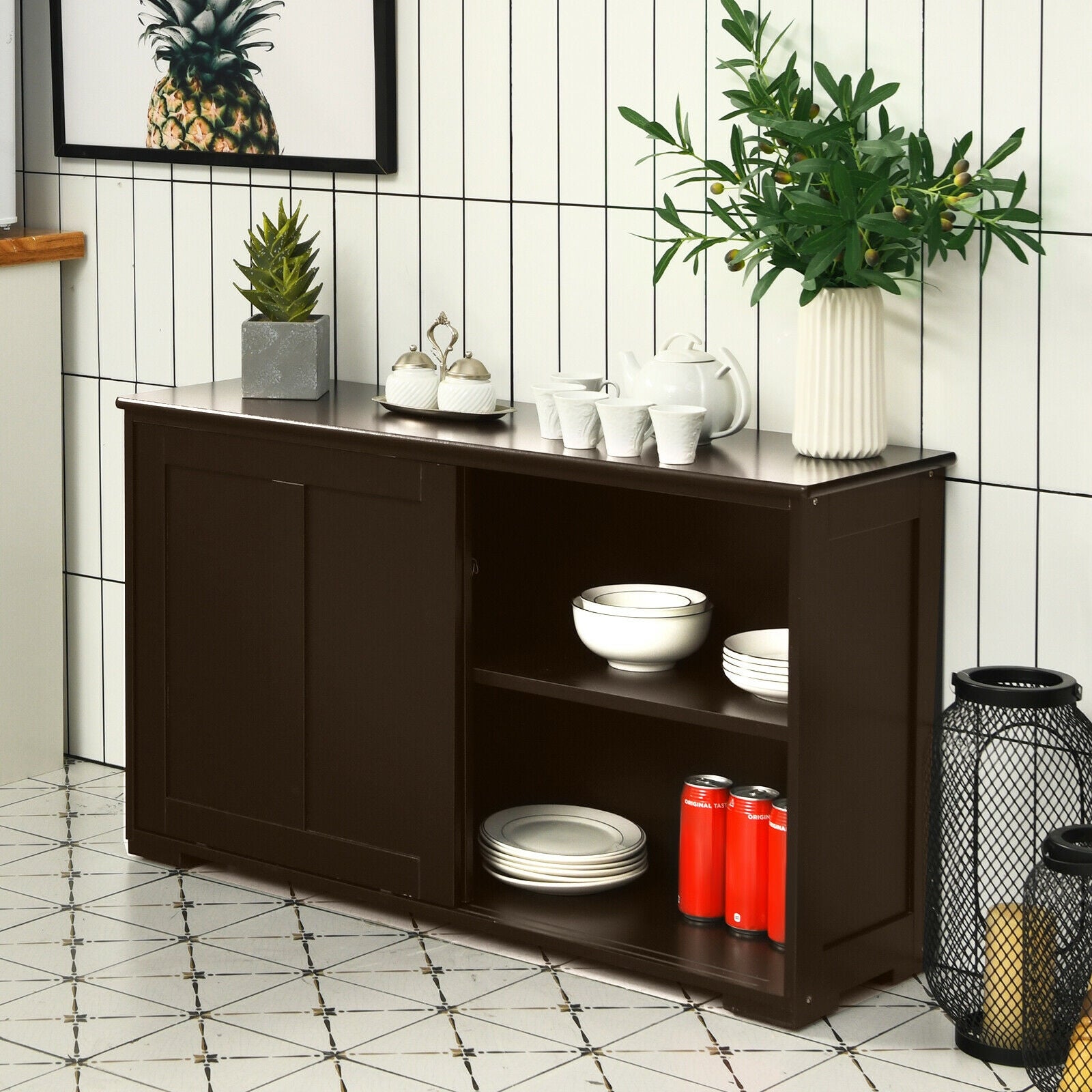 Kitchen Storage Cabinet with Wood Sliding Door