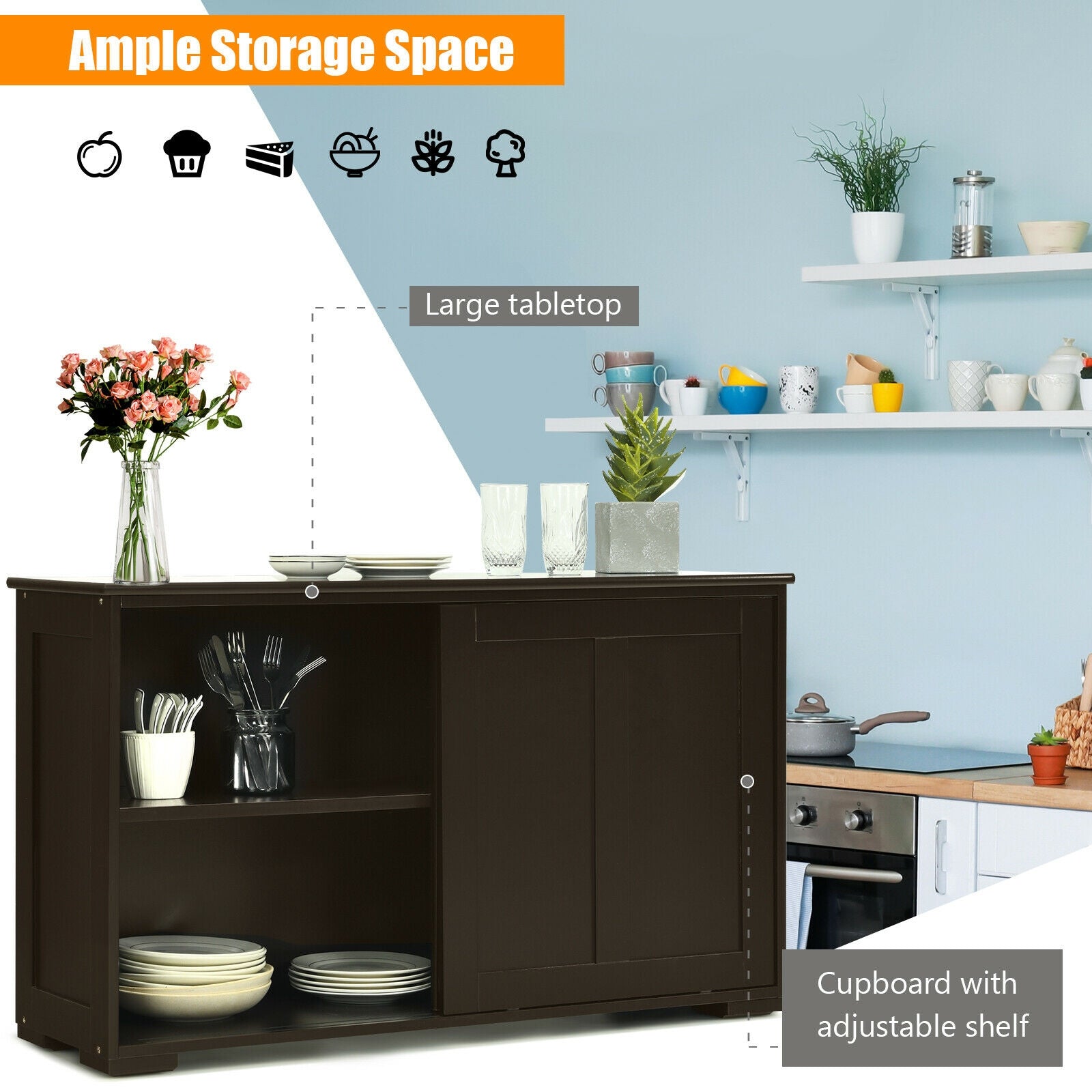 Kitchen Storage Cabinet with Wood Sliding Door