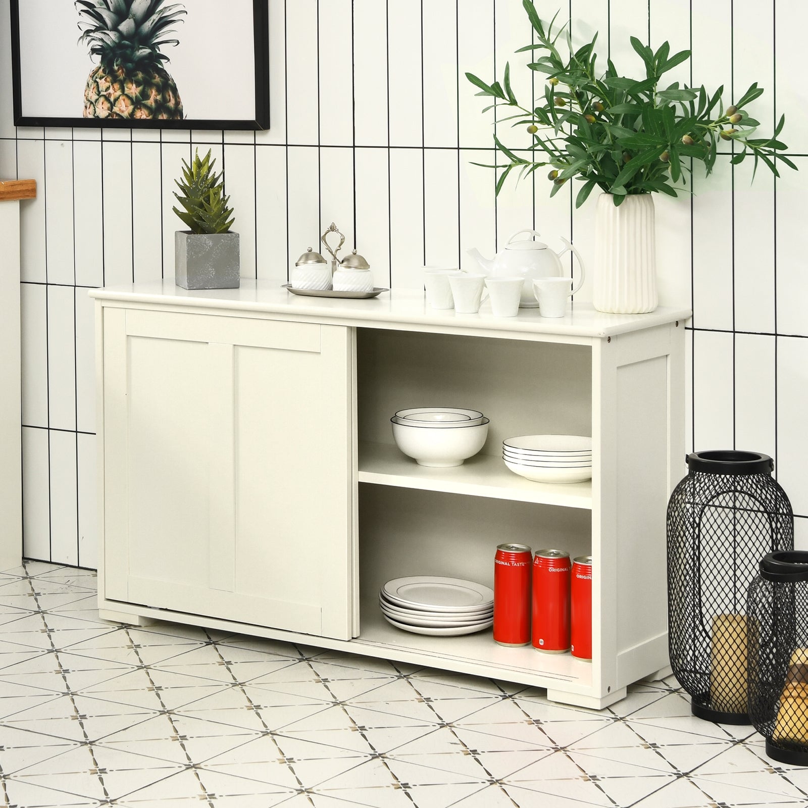 Kitchen Storage Cupboard Cabinet with Sliding Door-Antique White