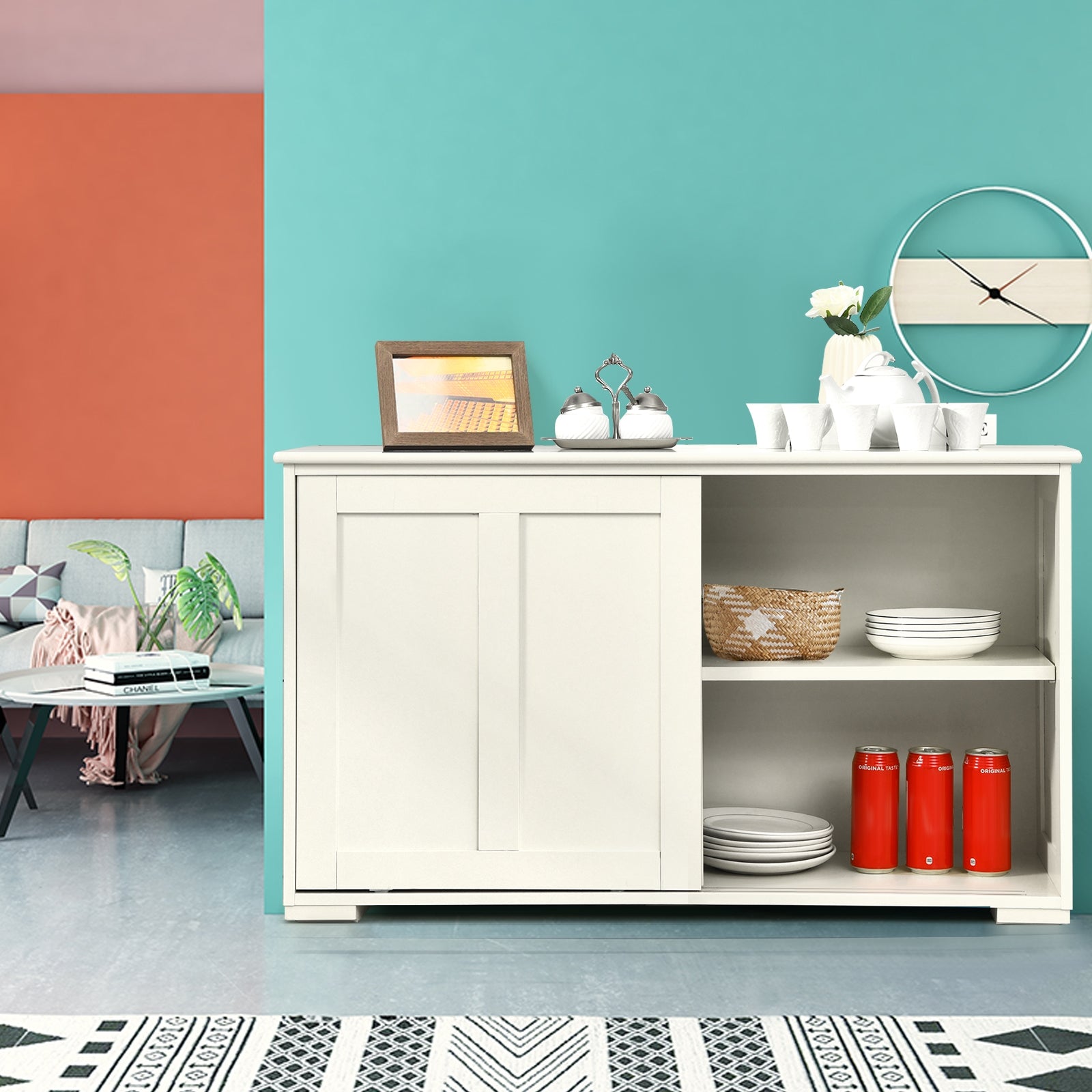 Kitchen Storage Cupboard Cabinet with Sliding Door-Antique White