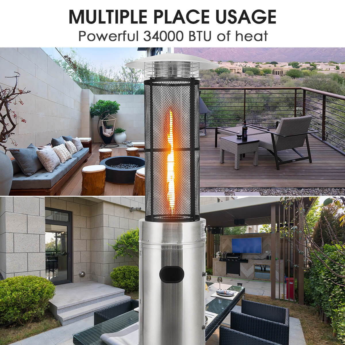 34000 BTU Stainless Steel Round Glass Tube Patio Heaters