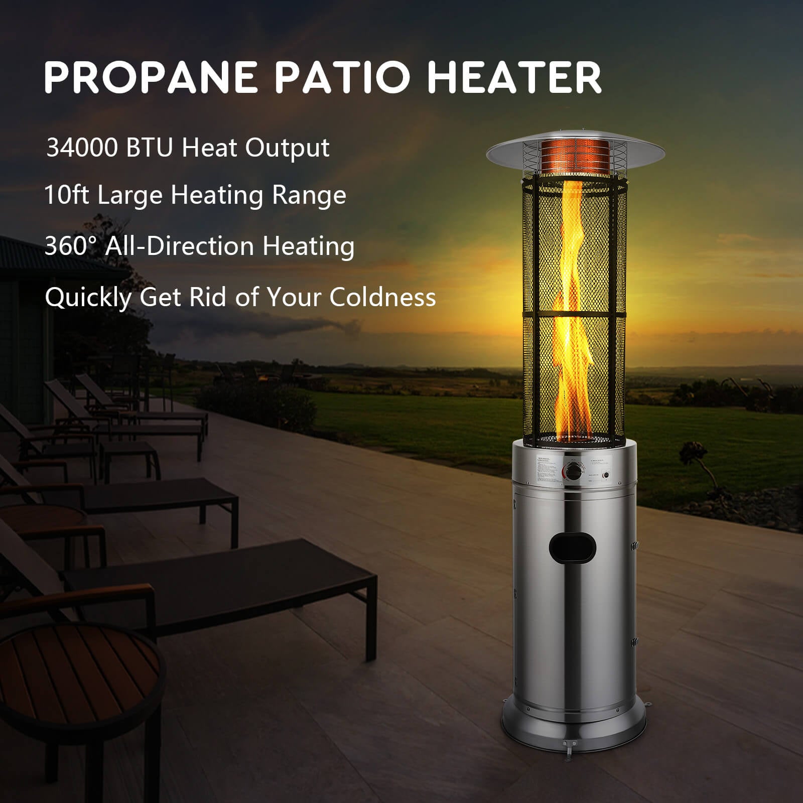 34000 BTU Stainless Steel Round Glass Tube Patio Heaters