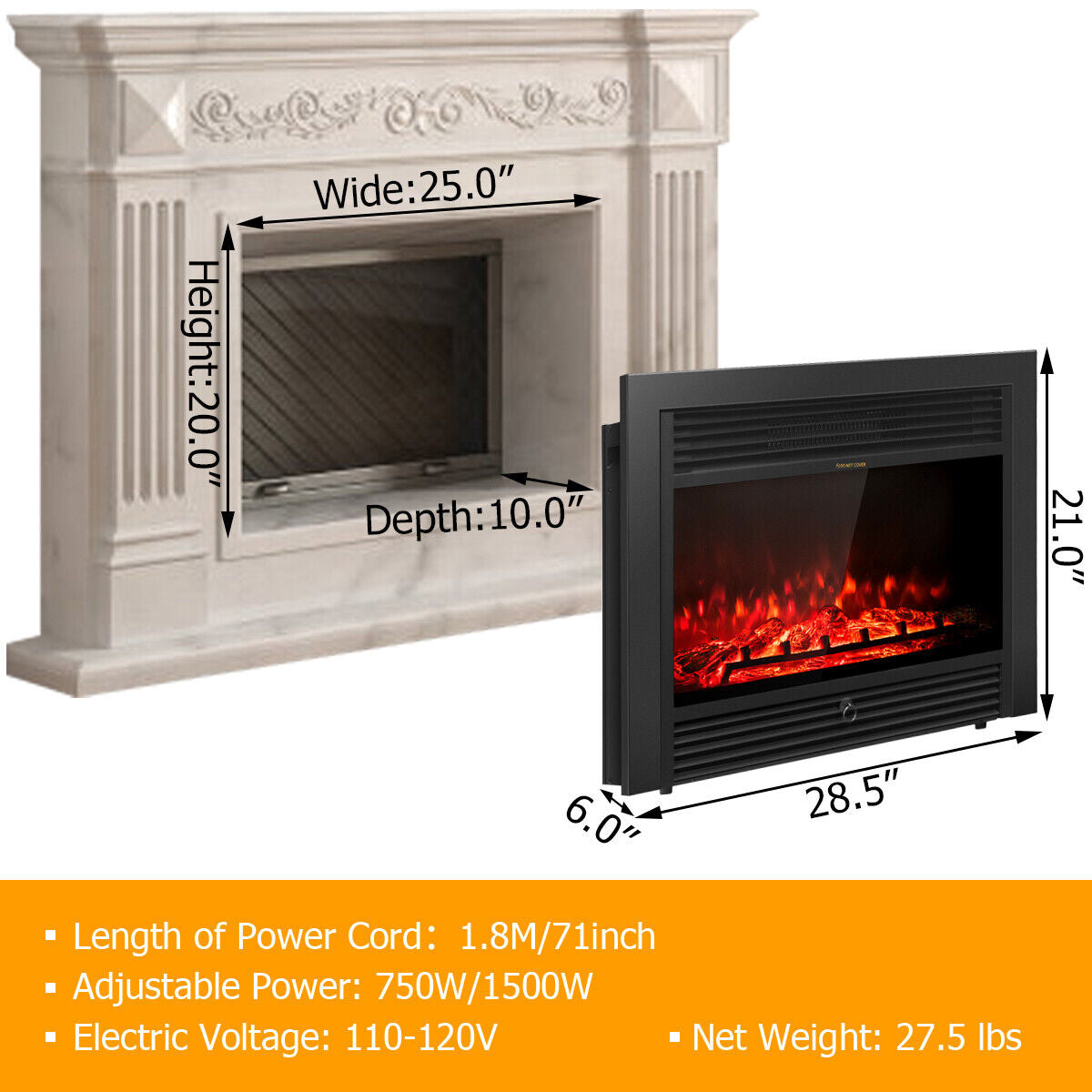 28.5 Inch Electric Fireplace Recessed with 3 Flame Colors