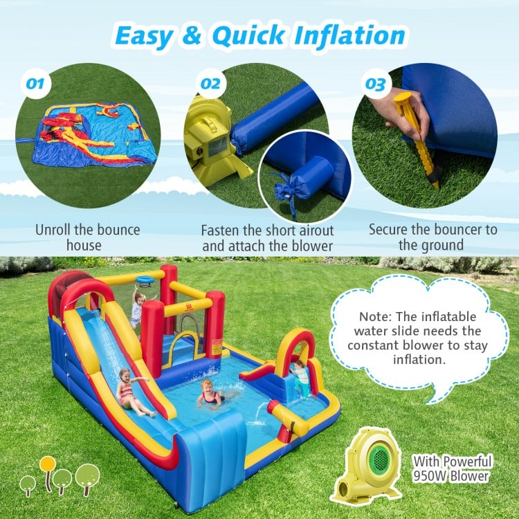 7 in 1 Outdoor Inflatable Bounce House with Water Slides and Splash Pools with 950W Blower