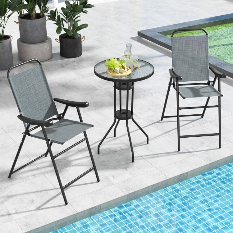 Patio Folding Bar Stool Set of 2 with Metal Frame and Footrest-Blue