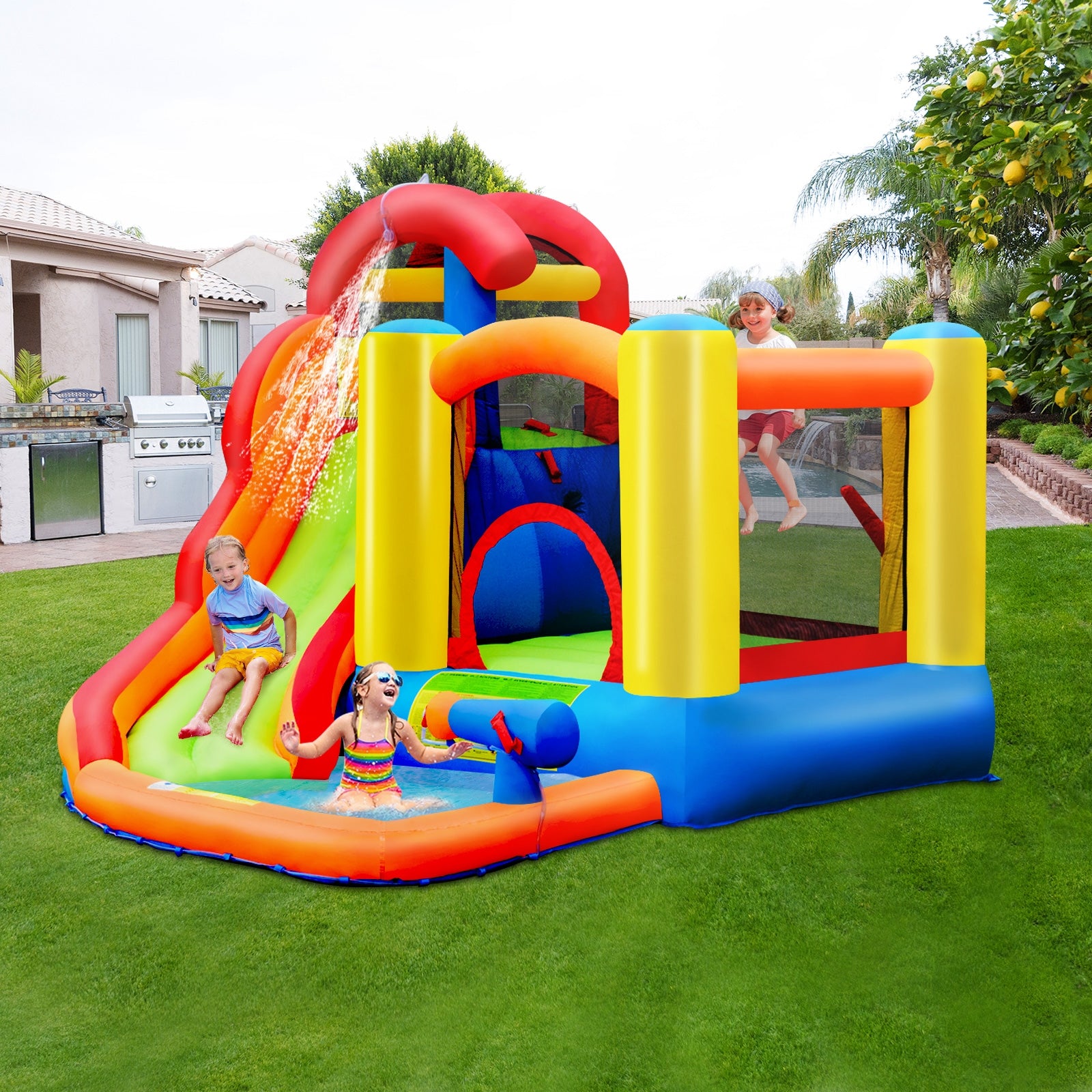 6-in-1 Water Park Bounce House for Outdoor Fun with Blower and Splash Pool