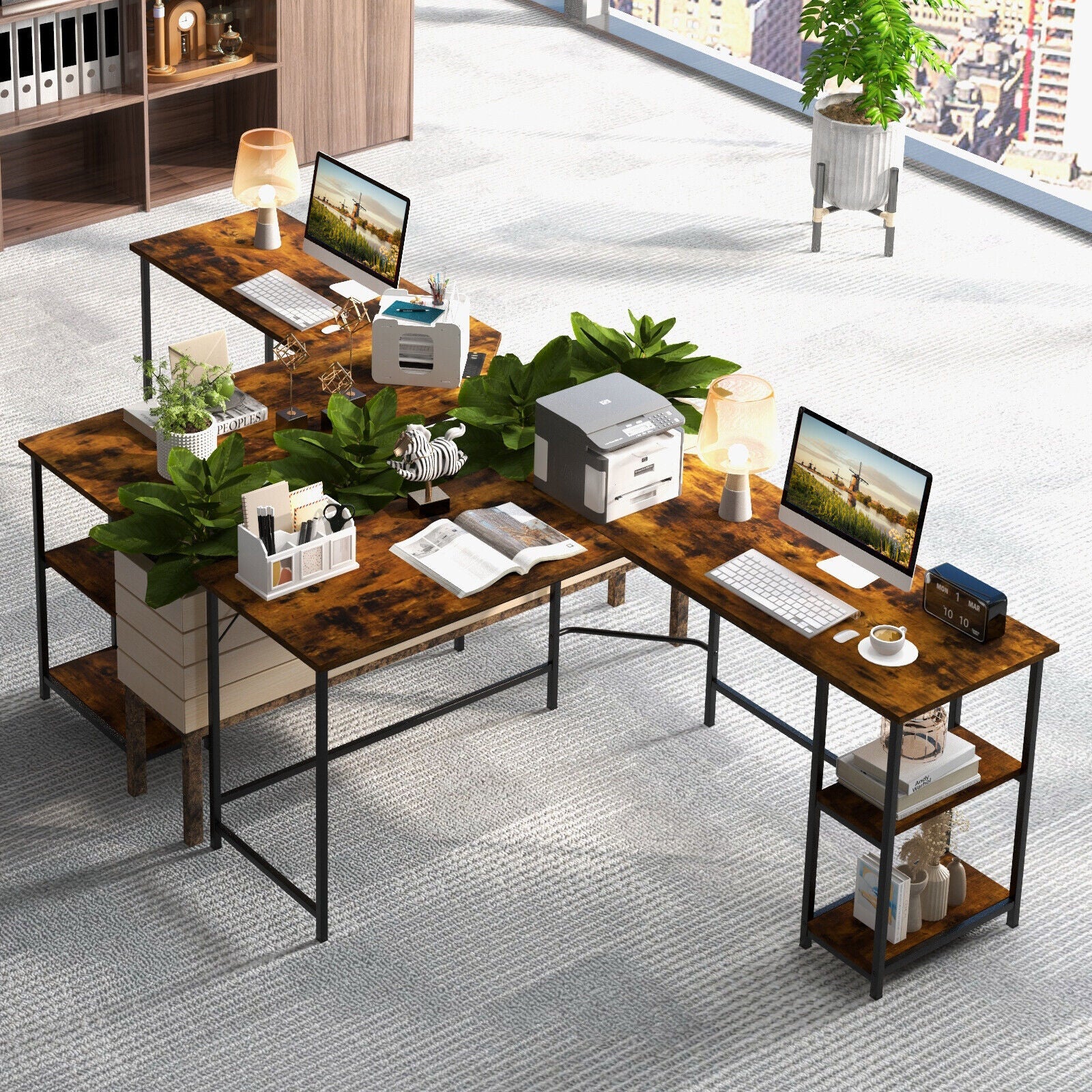 L Shaped Computer Desk with 2 Outlets and 2 USB Ports-BrownÂ 