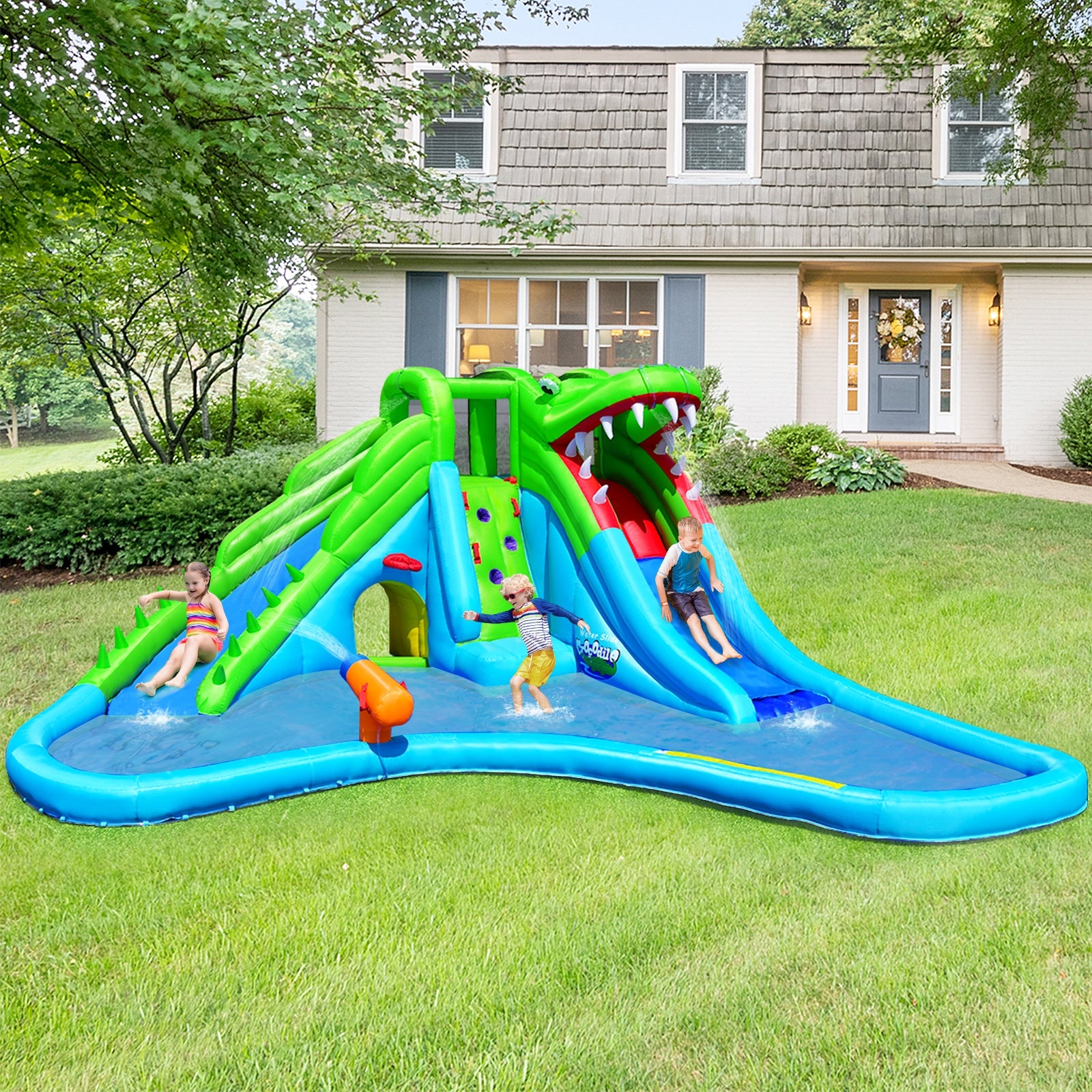 Inflatable Crocodile Water Slide Climbing Wall Bounce House