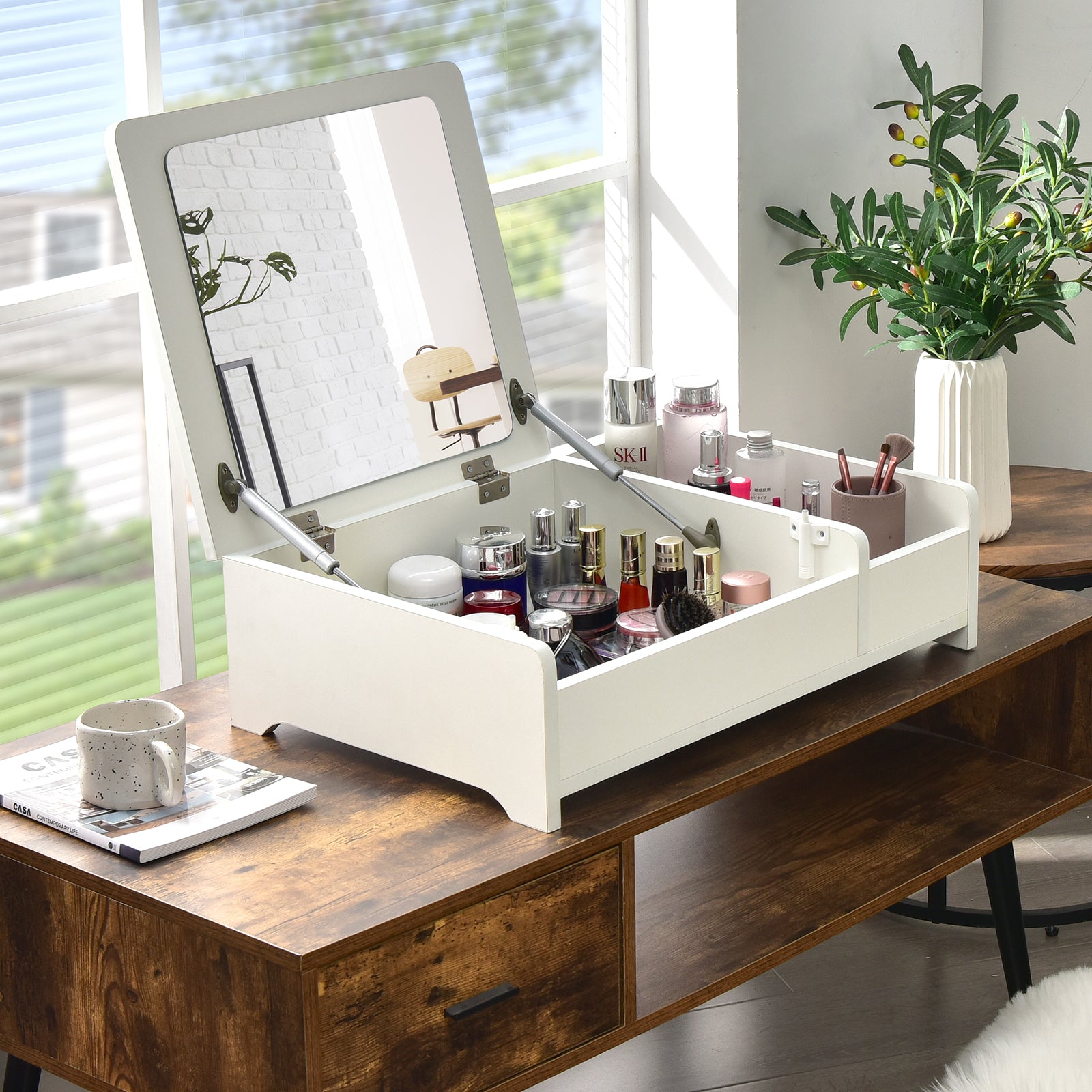 Compact Bay Window Makeup Dressing Table with Flip-Top Mirror-White 