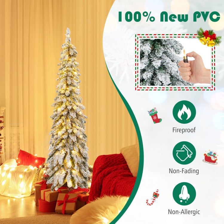 5 Feet Pre-Lit Artificial Christmas Tree Snow-Flocked Slim Pencil Xmas Decor