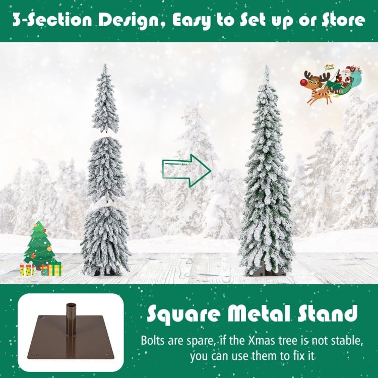 5 Feet Pre-Lit Artificial Christmas Tree Snow-Flocked Slim Pencil Xmas Decor