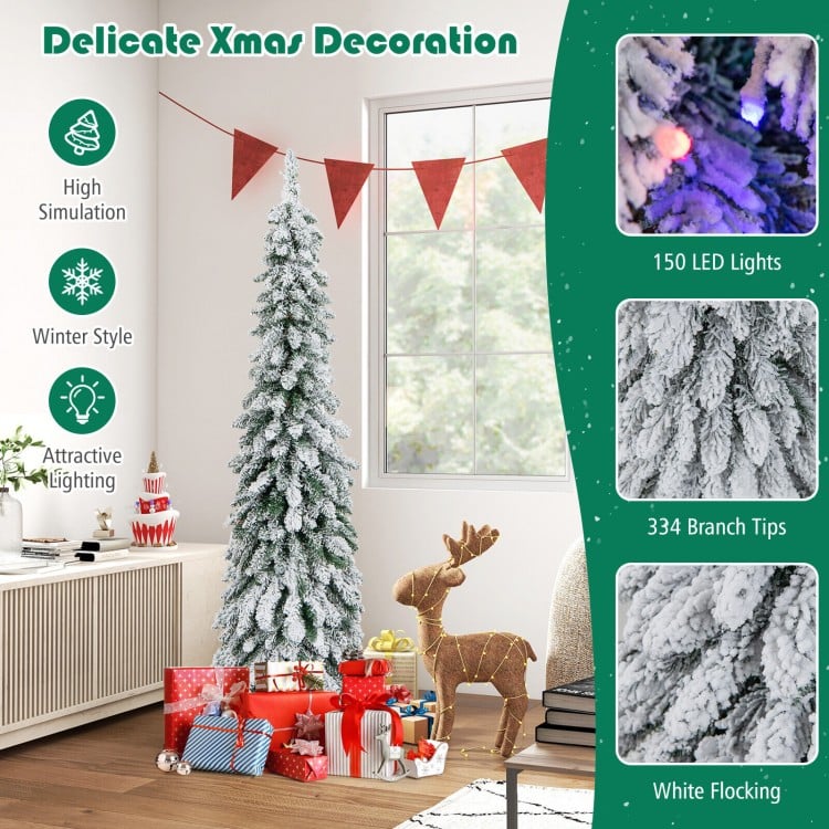 5 Feet Pre-Lit Artificial Christmas Tree Snow-Flocked Slim Pencil Xmas Decor