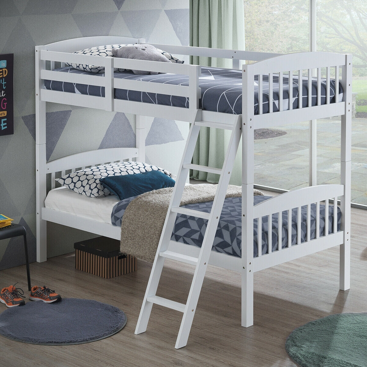 Hardwood Twin Bunk Beds with Individual Kid Bed Ladder-WhiteÂ 