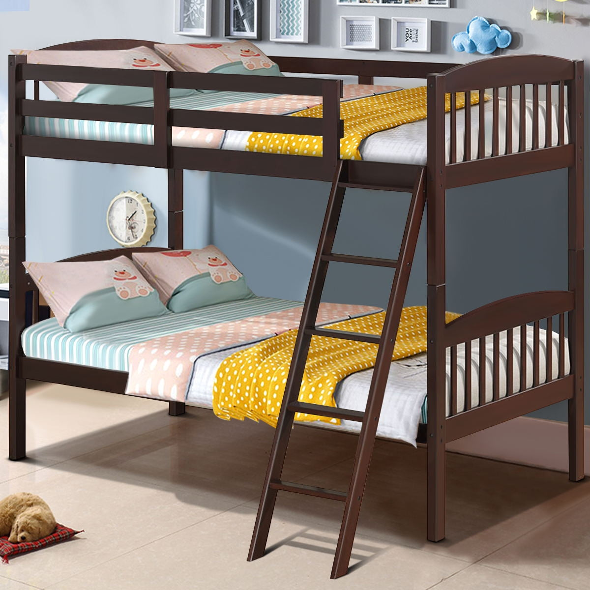 Solid Wood Twin Bunk Beds with Detachable Ladder-Coffee