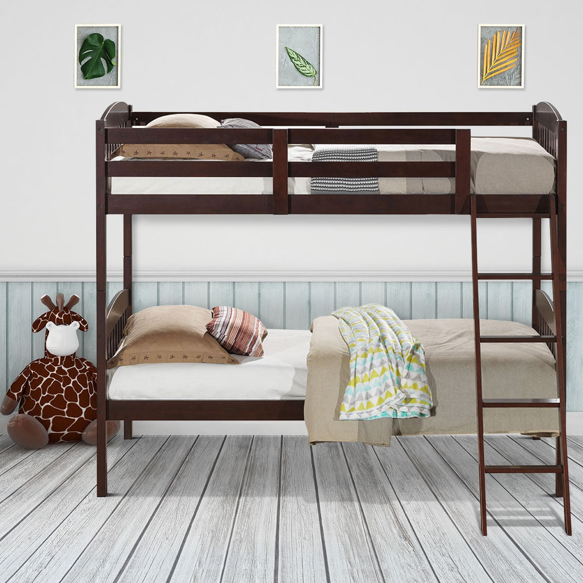 Solid Wood Twin Bunk Beds with Detachable Ladder-Coffee