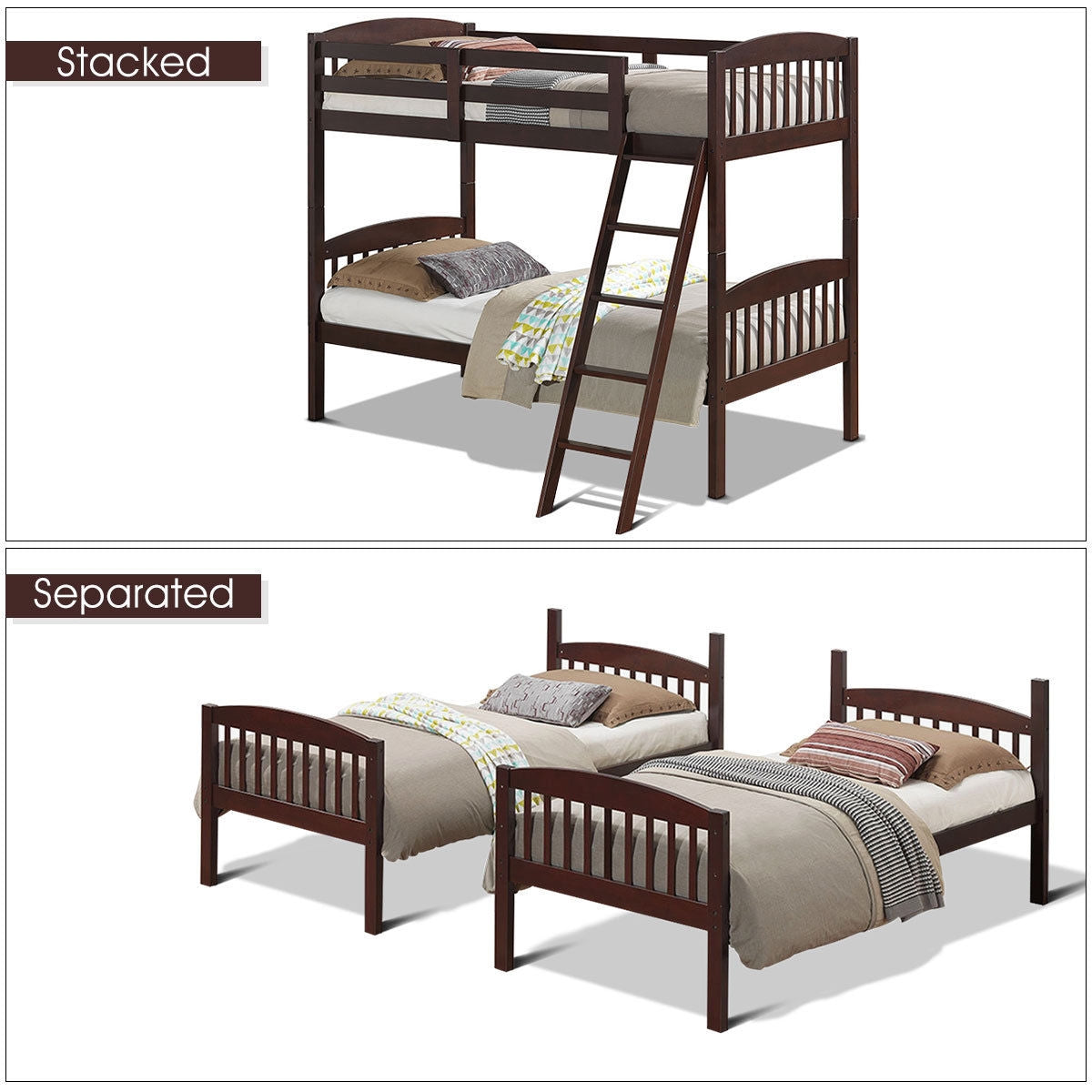 Solid Wood Twin Bunk Beds with Detachable Ladder-Coffee