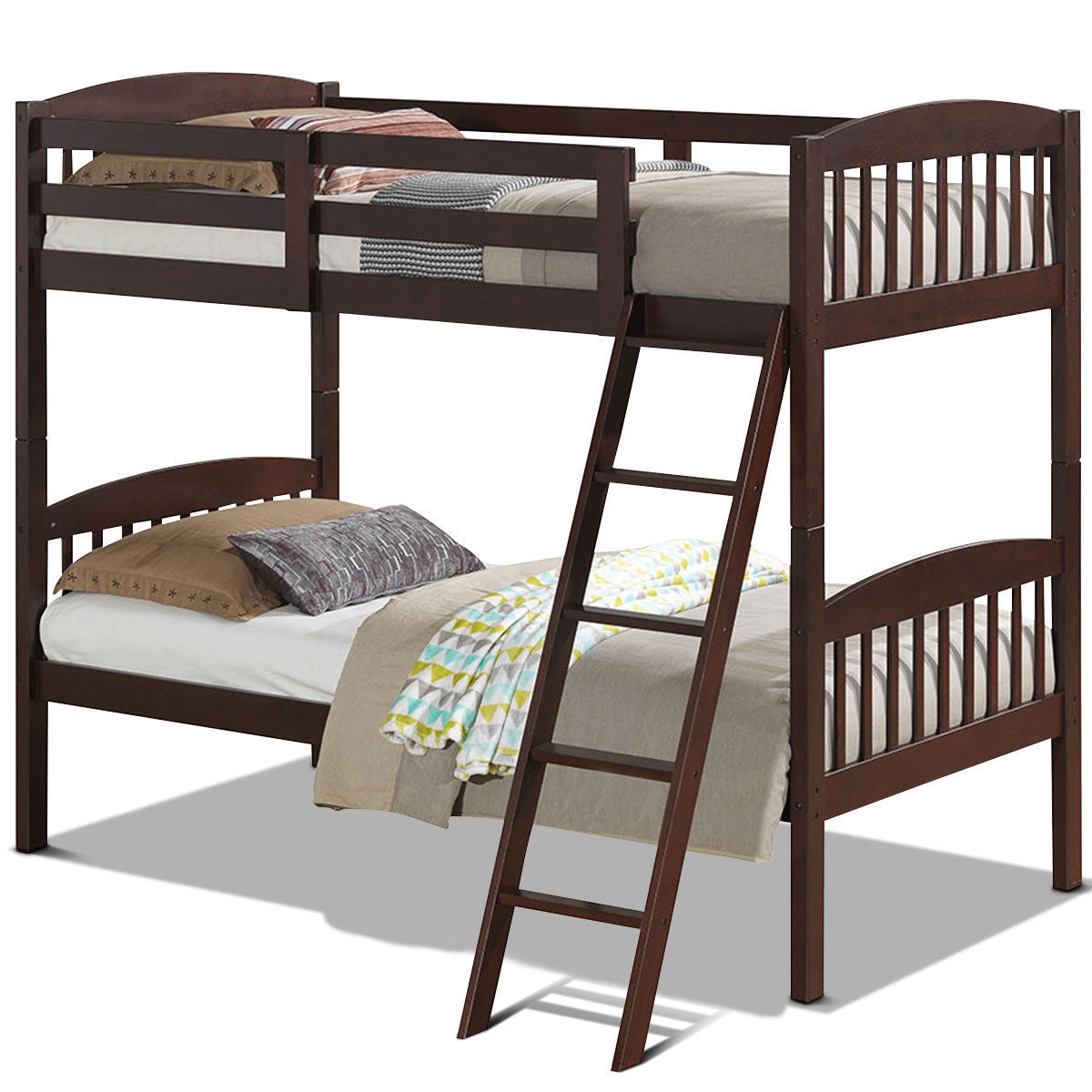 Solid Wood Twin Bunk Beds with Detachable Ladder-Coffee